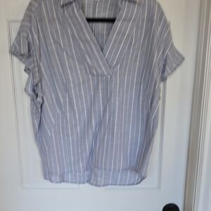 Striped V-Neck Blouse - Blue and White